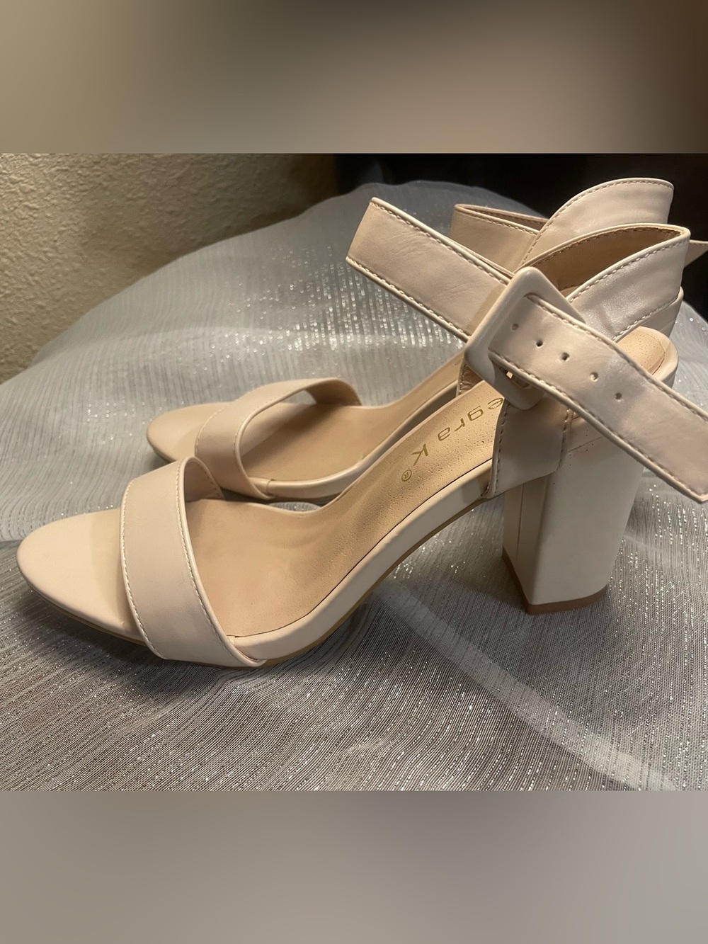Allegra K Cream Block Heel Sandals with Ankle Strap